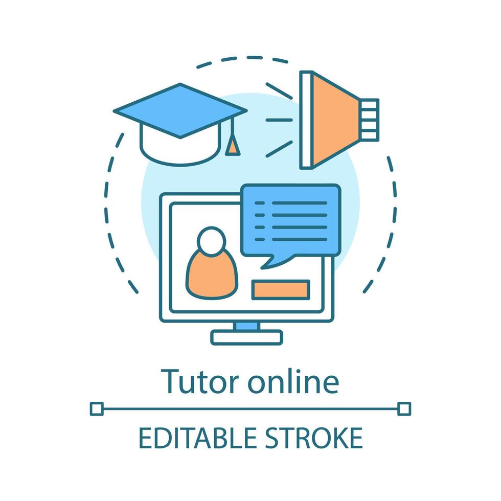 icona del concetto di tutor online. corsi a distanza all'università, college. chat studentesca. webinar formativo. illustrazione di linea sottile idea educazione internet. disegno vettoriale isolato profilo. tratto modificabile