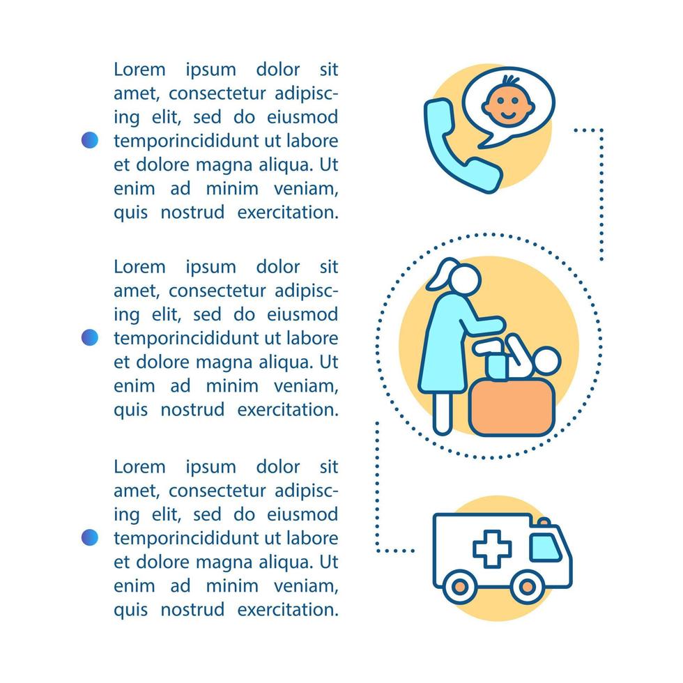 modello vettoriale della pagina dell'articolo di cure urgenti pediatriche. assistenza 24 ore su 24. brochure, rivista, elemento di design opuscolo con icone e caselle di testo. disegno di stampa. illustrazione di concetto con lo spazio del testo