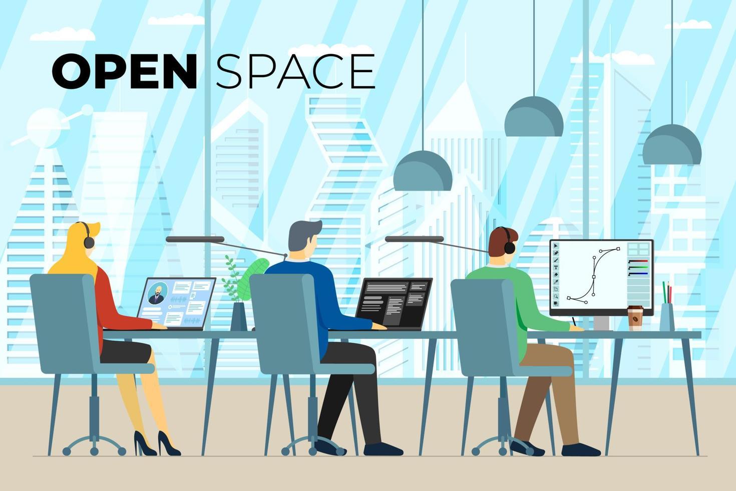 centro di coworking ufficio open space con liberi professionisti. posto di lavoro di un collega professionista. programmatore, designer e manager con laptop nell'area di lavoro. ambiente di lavoro a distanza condiviso. eps vettoriali