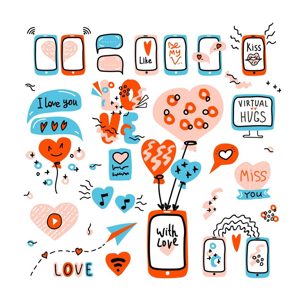 san valentino grande set doodle icona messaggio amore virtuale. amore su Internet, telefono cellulare, monitor, video, audio, conversazione, chat, decorazione, cuore, palloncino. vettore piatto e lettering disegnato a mano