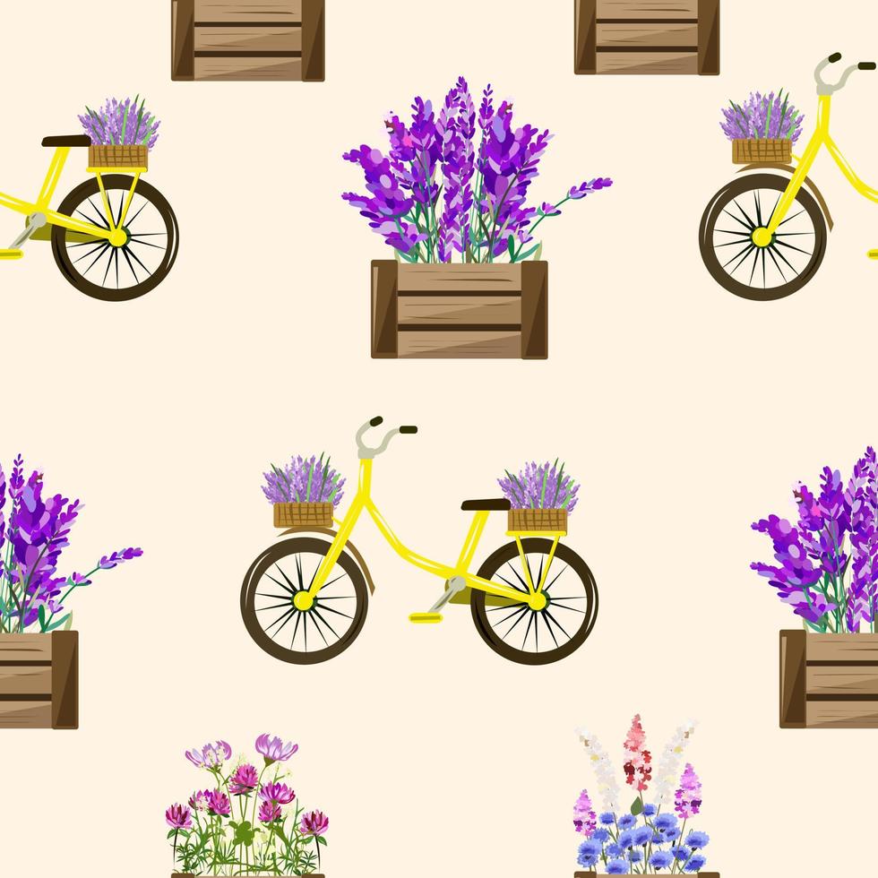 senza cuciture con biciclette e fiori di lavanda. vettore