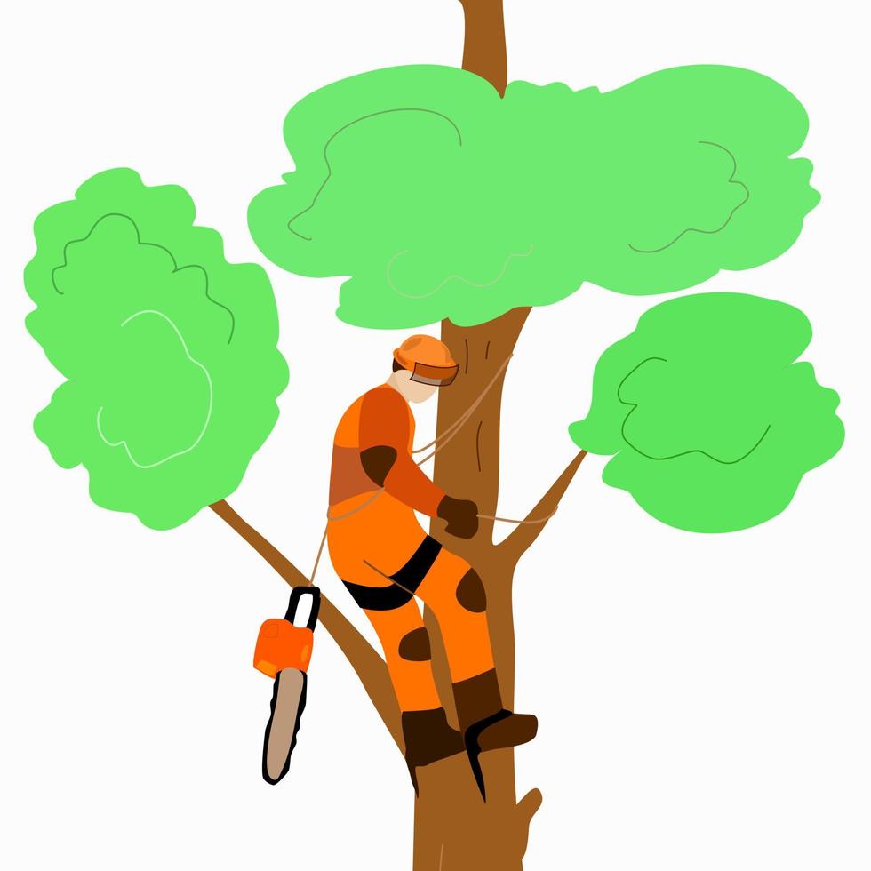 un arboricoltore con una sega si arrampica su un albero. vettore