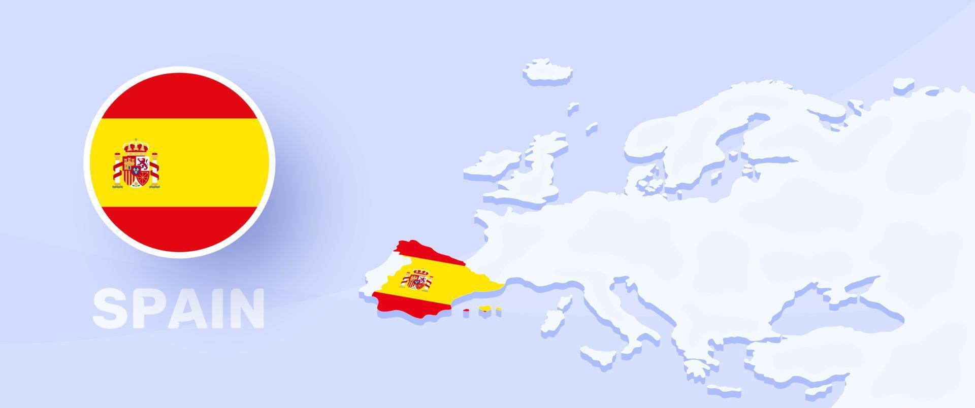 bandiera della bandiera della mappa della spagna. illustrazione vettoriale con una mappa dell'Europa e paese evidenziato con bandiera nazionale