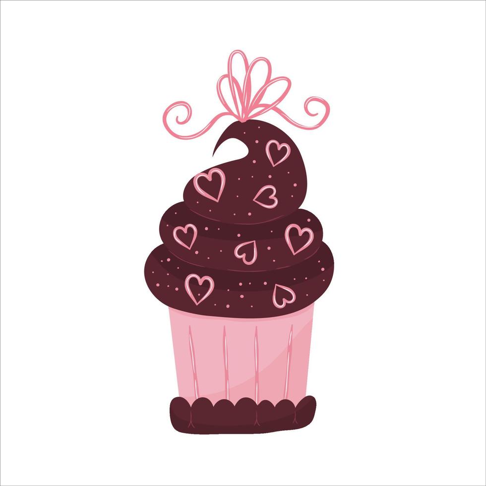 torta di San Valentino. muffin con cioccolato e ciliegie. una panetteria con un cuore e un fiocco per la festa di san valentino. illustrazione vettoriale in stile piatto disegnato a mano
