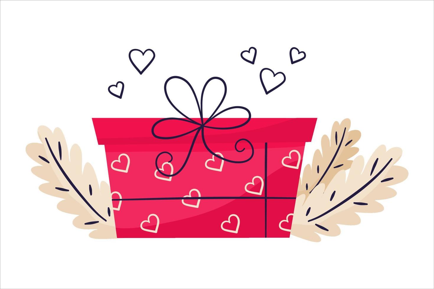 regalo con cuore per San Valentino scatola romantica isolata su sfondo bianco. un regalo annodato con un fiocco e rami di foglie per la decorazione. illustrazione vettoriale in stile piatto.