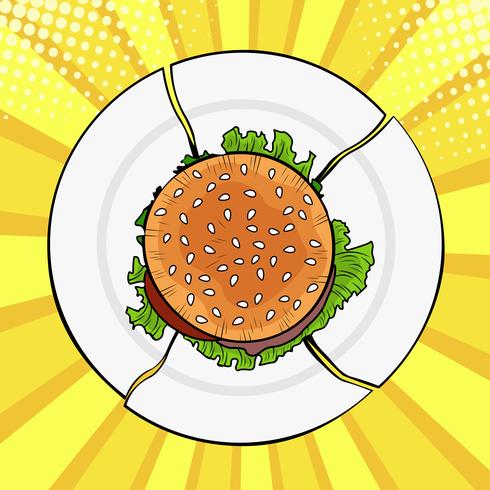 Burger sul piatto rotto, fast food pesante. Dieta e alimentazione sana. Illustrazione vettoriale colorato in stile fumetto retrò di pop art