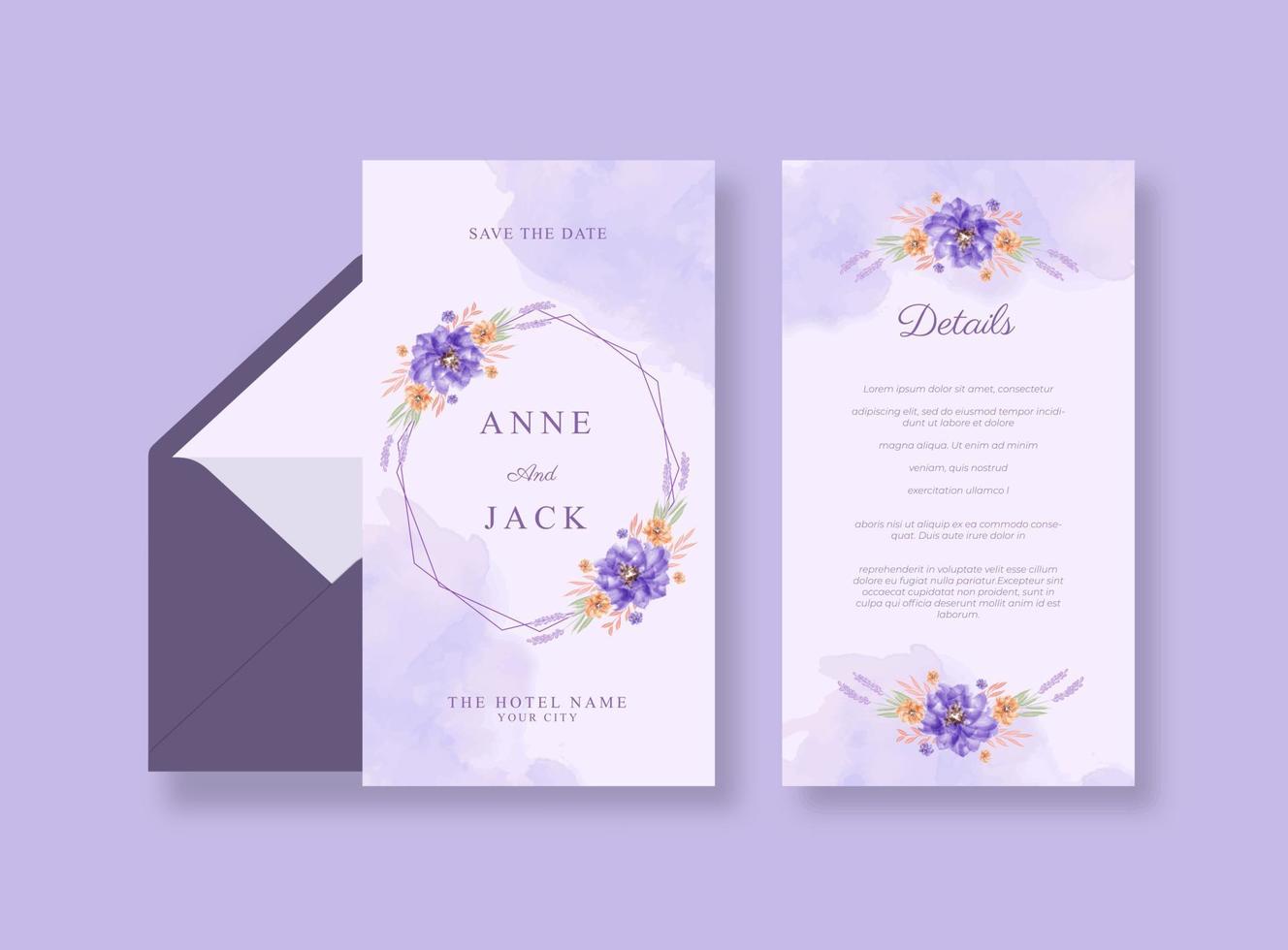 bellissimo modello di carta di nozze con bouquet floreale viola vettore