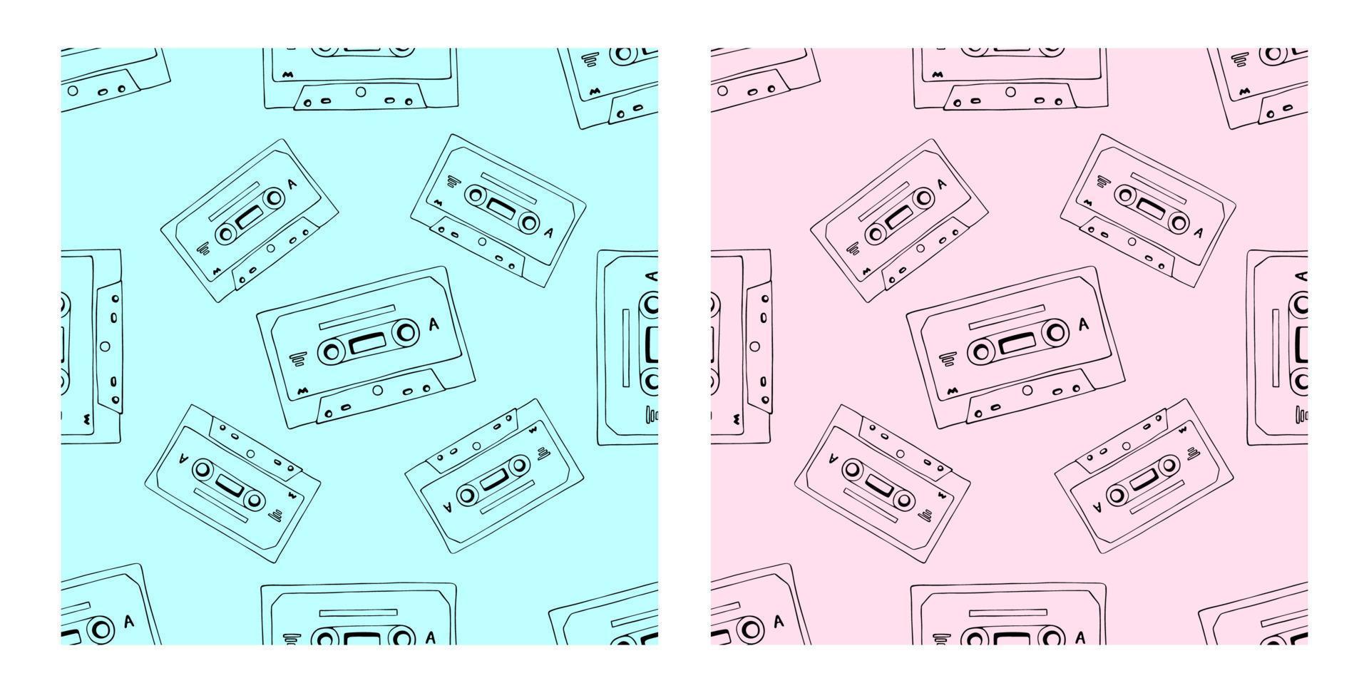 cassetta disegnata a mano e mixtape modello senza cuciture, sfondo di doodle cartone animato blu e rosa impostato per tecnologia musicale o apparecchiature audio vettore