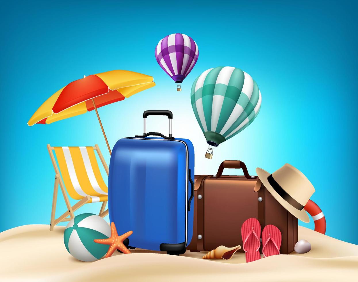 3d realistico poster per le vacanze estive con borse in spiaggia. vettore