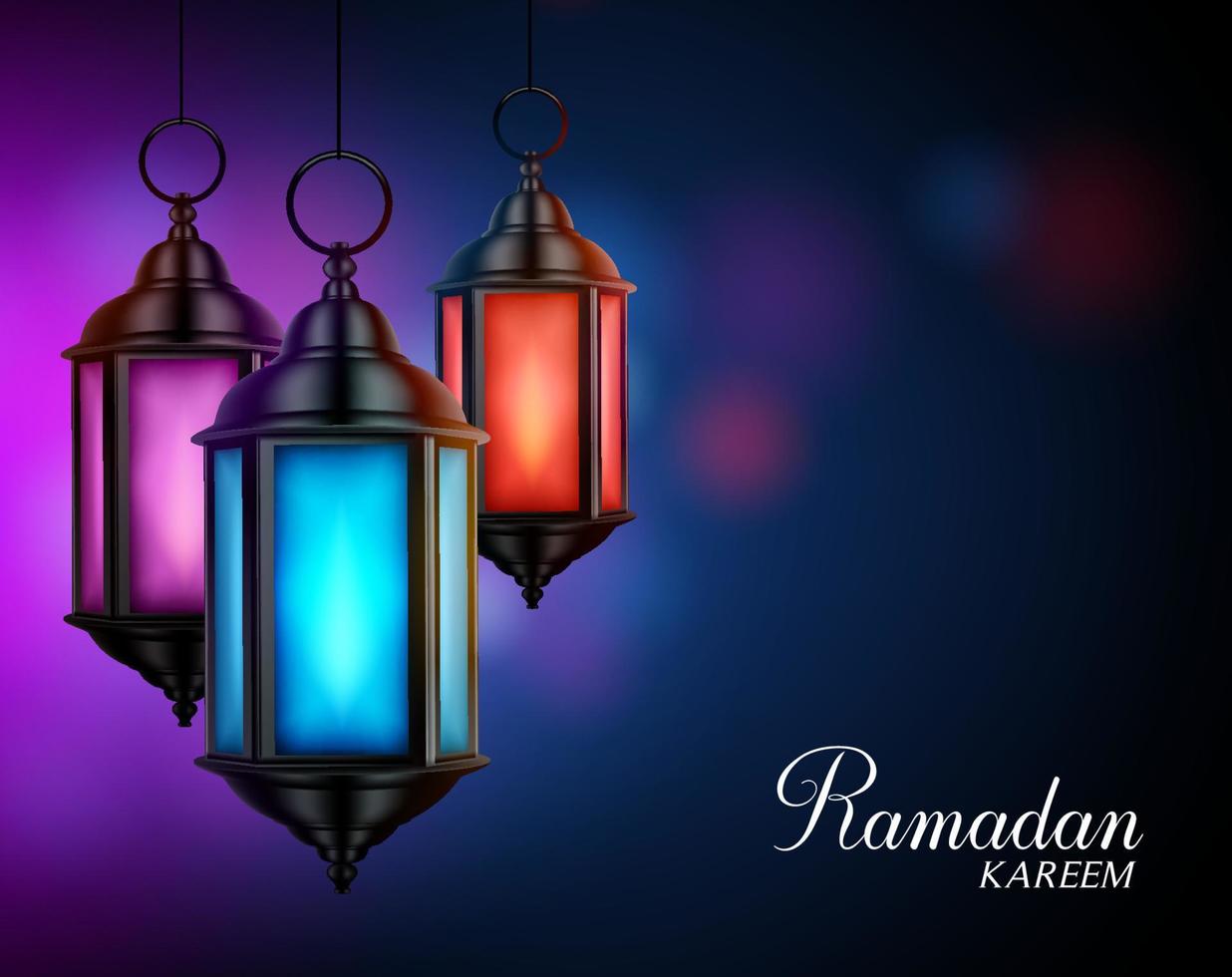 saluti ramadan kareem con set colorati di lanterne o fanous in uno sfondo scuro e luminoso. vettore