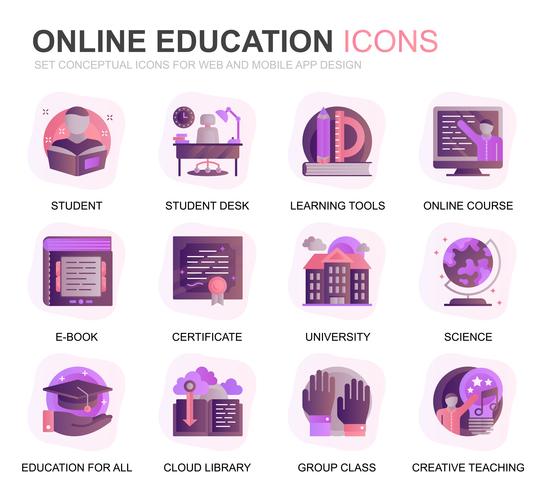 Set di icone piatte moderne di educazione e conoscenza piatte per applicazioni Web e mobili. Contiene icone come il corso online, l&#39;università, lo studio, il libro. Icona piana di colore concettuale. Pacchetto di pittogrammi vettoriale. vettore