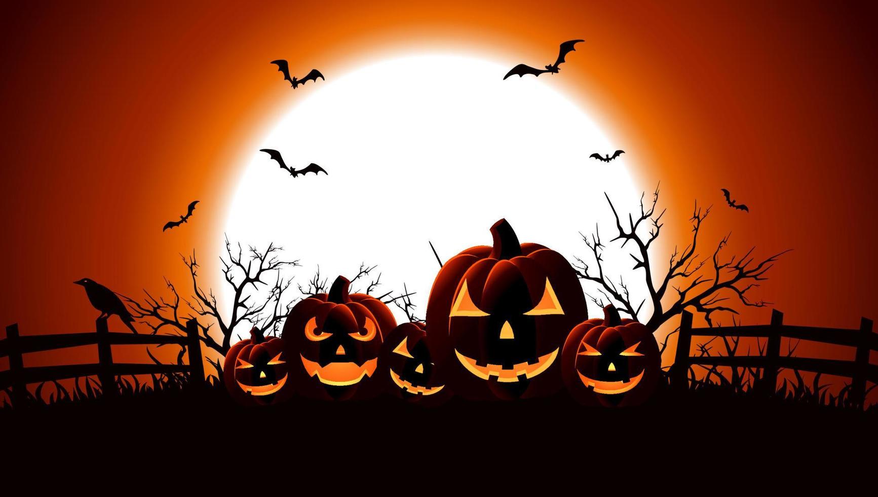 felice festa di halloween banner piatto sfondo vettoriale. layout di progettazione della carta dell'invito dell'evento di vacanza di ottobre. sfondo cartone animato spaventoso e spettrale con luna e cimitero. poster orizzontale di Helloween vettore