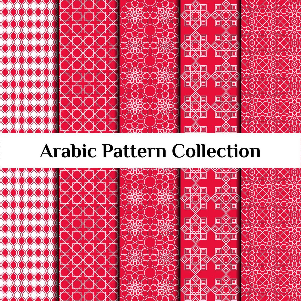 set di 5 motivi arabi di sfondo. ornamento geometrico musulmano. tavolozza dei colori rosso su bianco. illustrazione vettoriale di texture islamica. carta da parati araba tradizionale