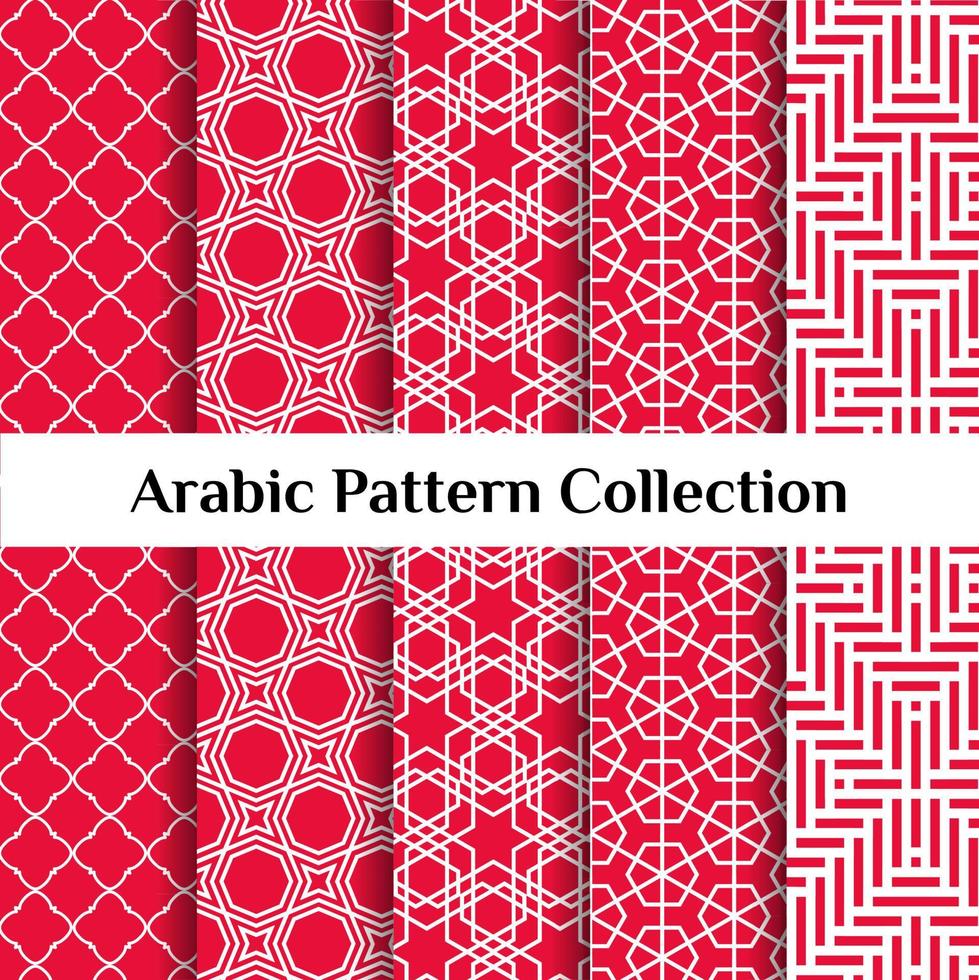 set di 5 motivi arabi di sfondo. ornamento geometrico musulmano. tavolozza dei colori rosso su bianco. illustrazione vettoriale di texture islamica. carta da parati araba tradizionale