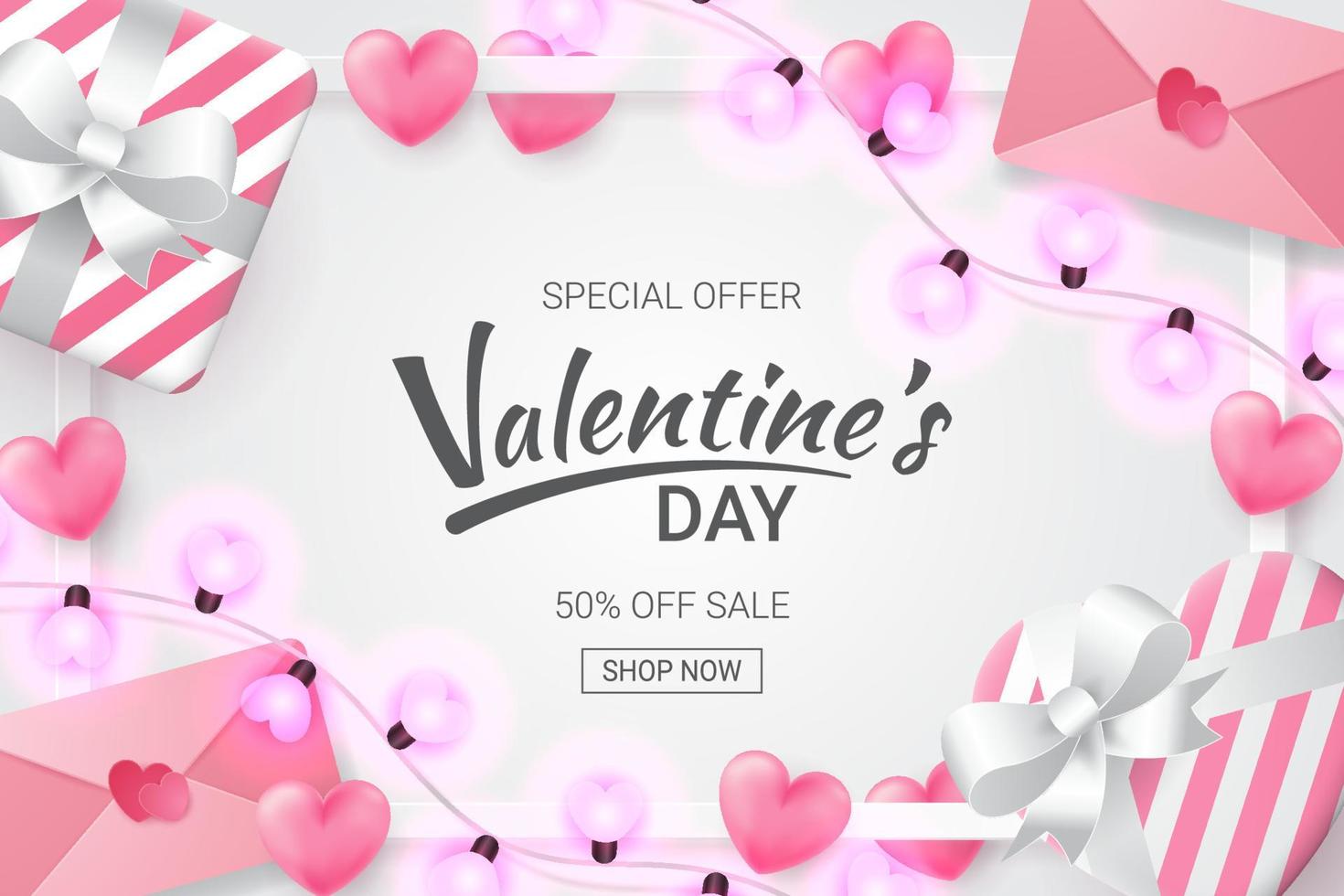 sfondo di vendita di san valentino con lampada a forma di cuore, lettera d'amore, regalo e amore vettore