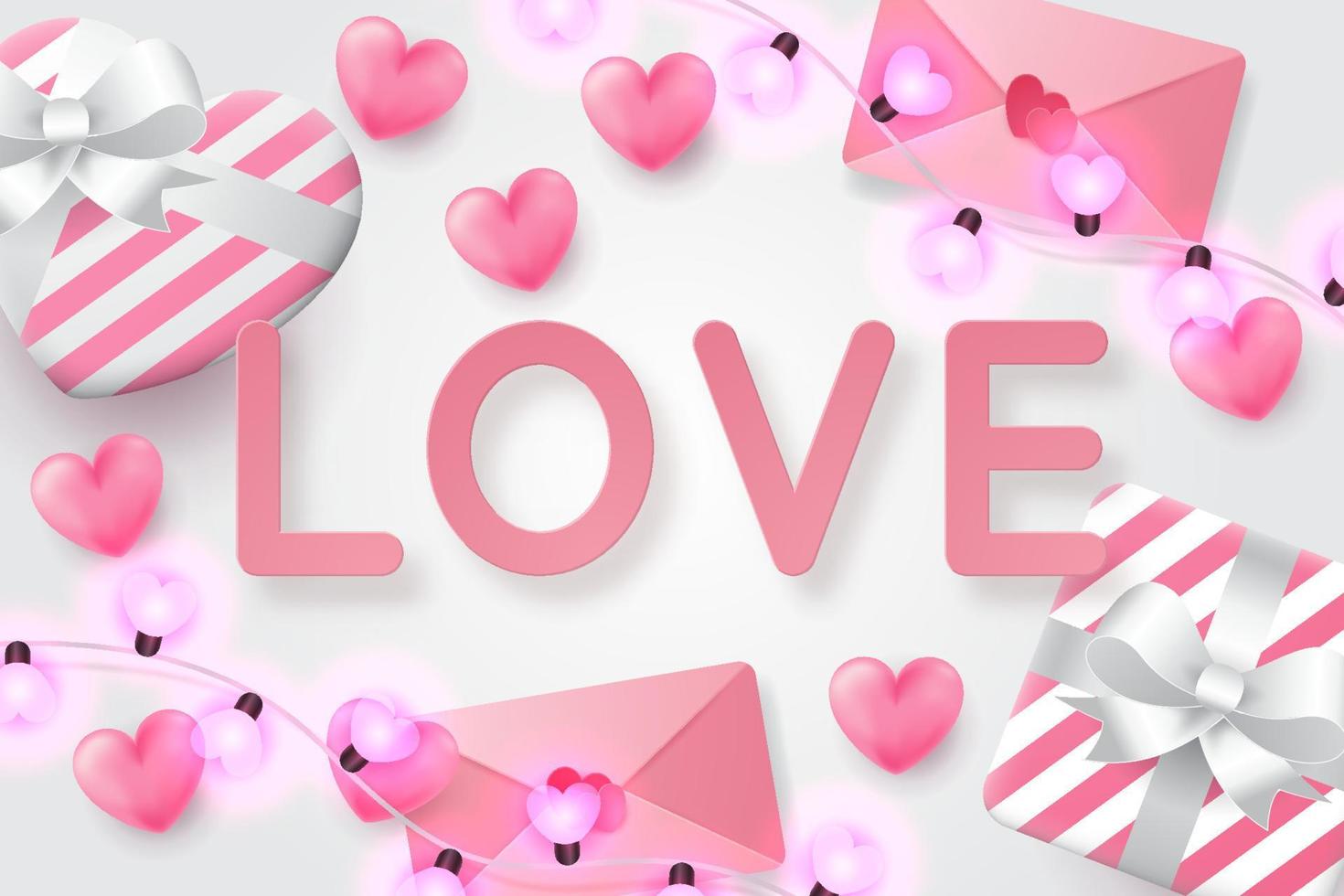 sfondo di san valentino con lampada a forma di cuore, lettera d'amore, regalo e amore vettore