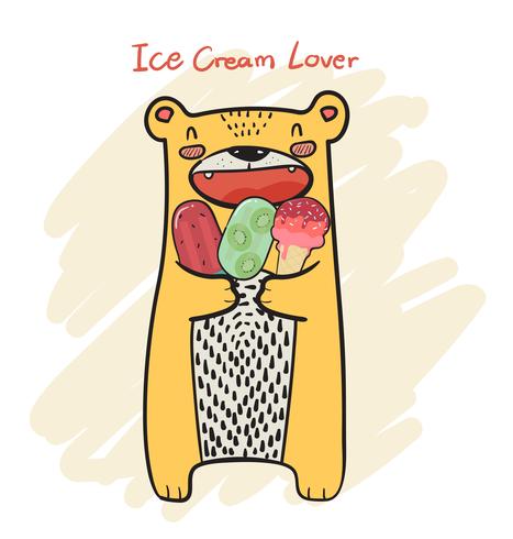 Disegnare un simpatico orso giallo con Popsicle e cono gelato nel periodo estivo vettore
