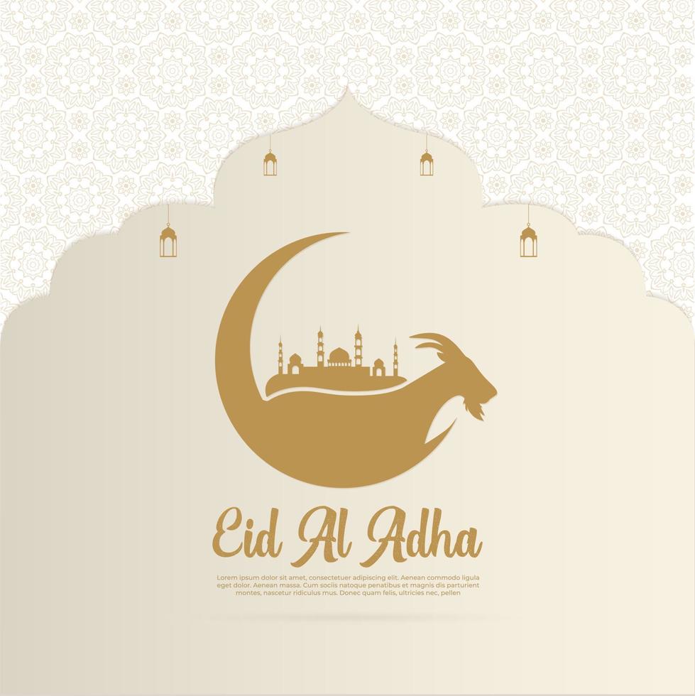 felice eid al adha mubarak sfondo islamico con lanterna, moschea e capra. mubarak sfondo islamico vettore