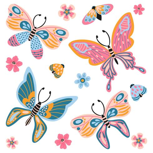 Ornamento dell&#39;acquerello Farfalle, insetto, foglie e fiore Elemento vettore