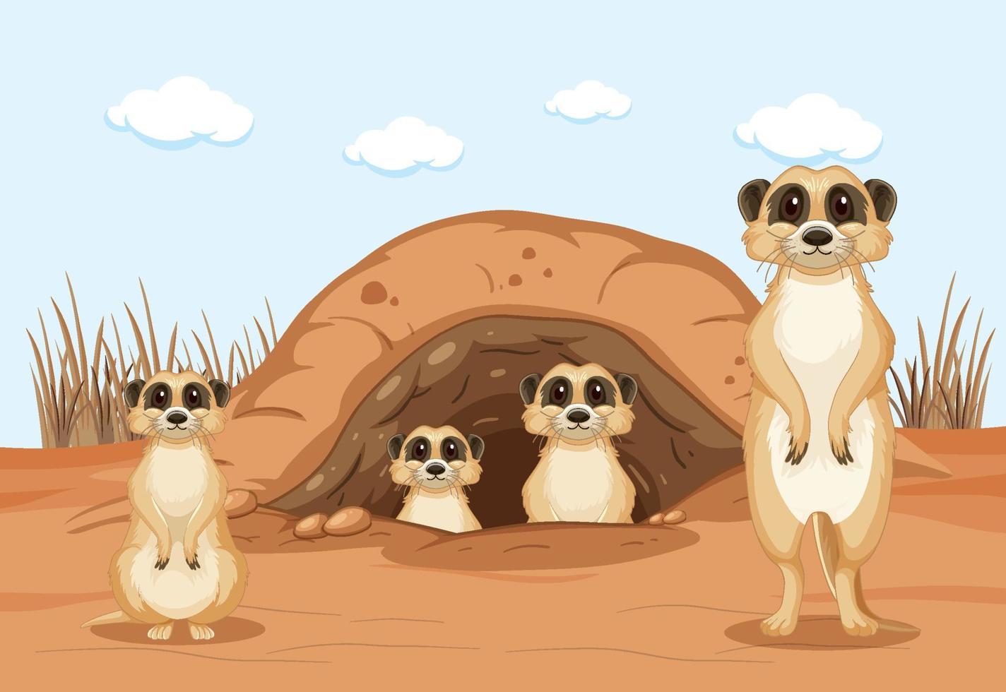 sfondo del deserto con un gruppo di suricati vettore