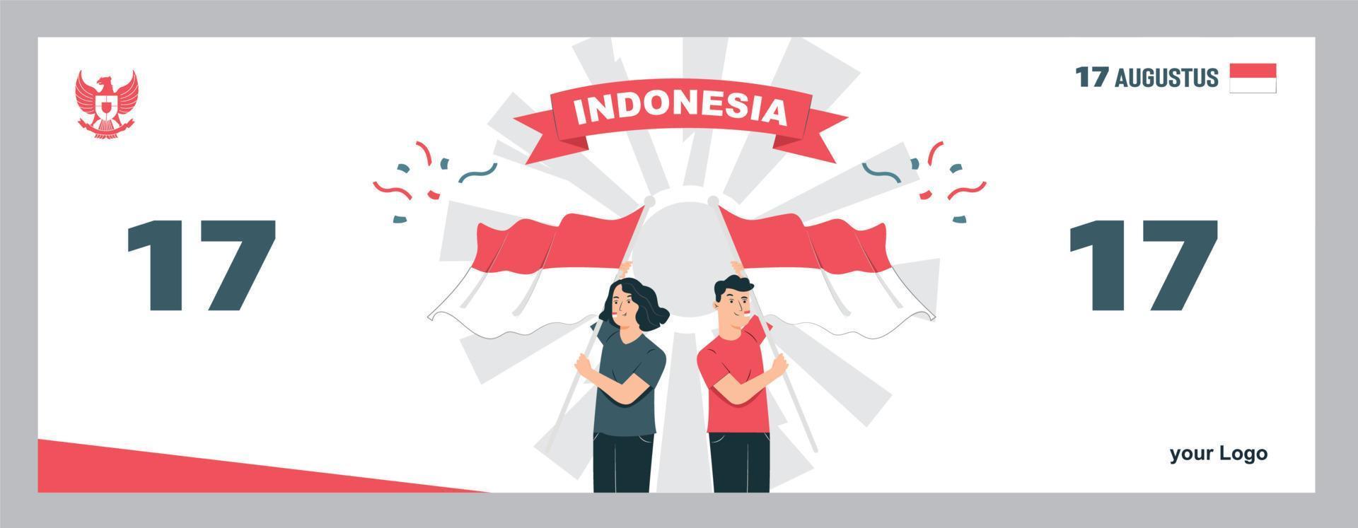 spirito del giorno dell'indipendenza indonesiana. 17 agosto un gruppo di giovani che celebrano il giorno dell'indipendenza portando la bandiera vettore