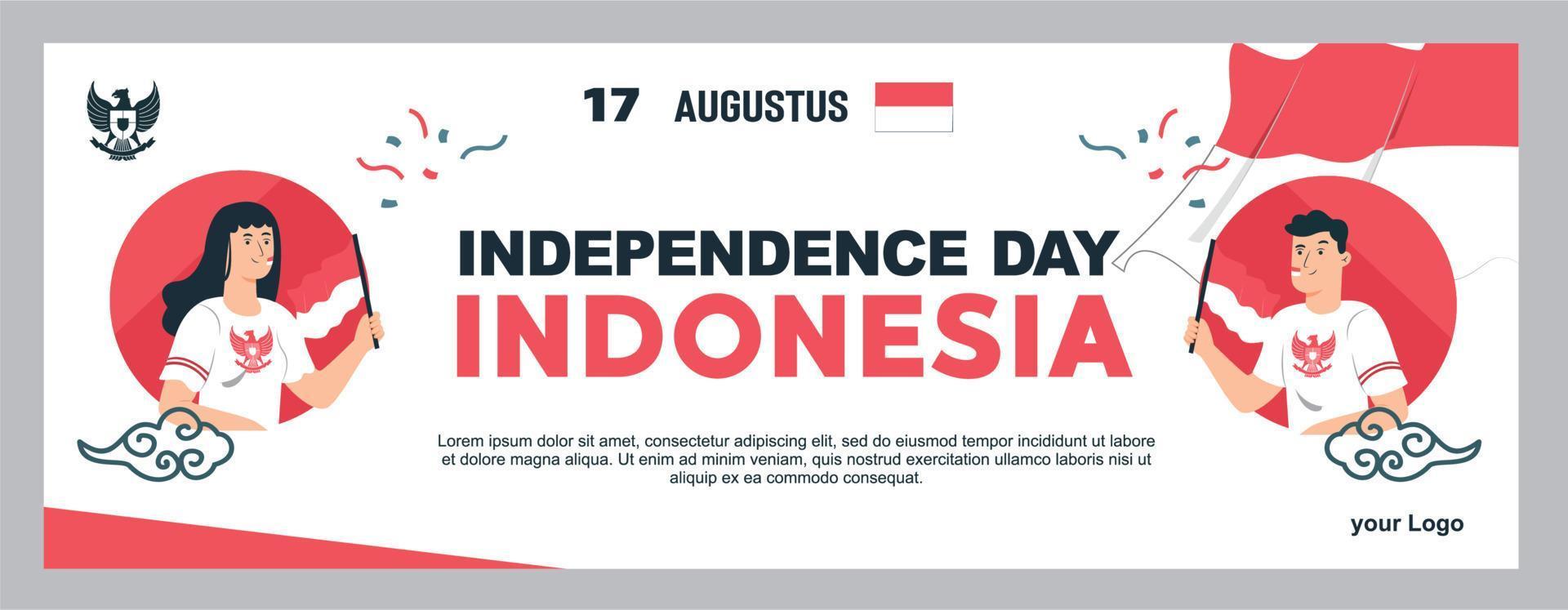 spirito del giorno dell'indipendenza indonesiana. 17 agosto 2 giovani sbandieratori hanno celebrato il giorno dell'indipendenza portando con entusiasmo le bandiere. vettore