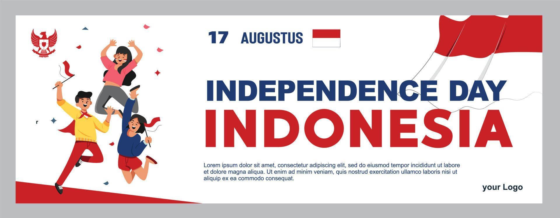 spirito del giorno dell'indipendenza indonesiana. 17 agosto 3 giovani che portano bandiere vettore