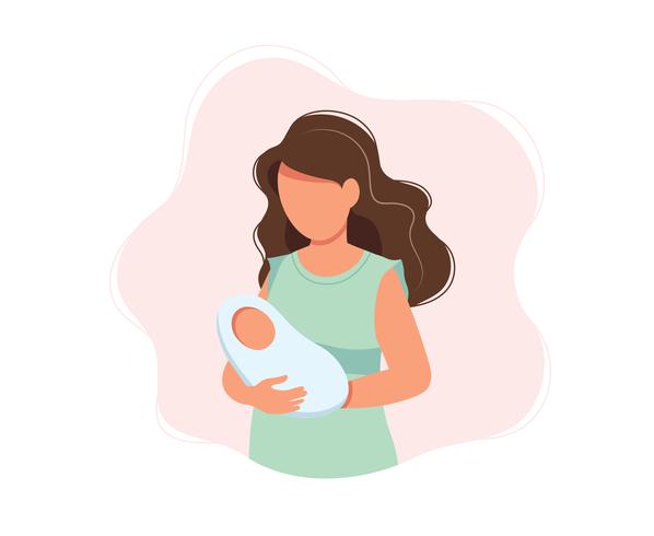 Donna che tiene neonato, illustrazione di vettore di concetto nello stile sveglio del fumetto, salute, cura, maternità