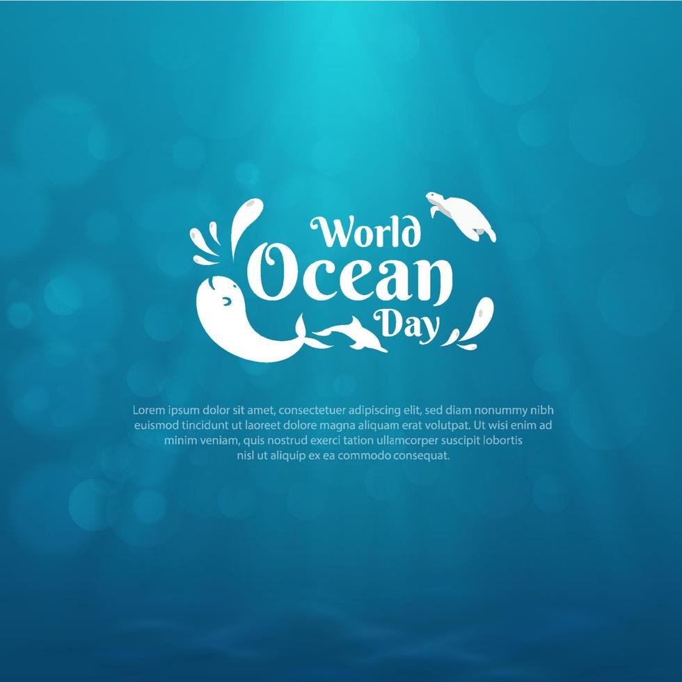 design della giornata mondiale degli oceani con oceano sottomarino, delfini, balene e tartarughe. evento della giornata mondiale degli oceani vettore
