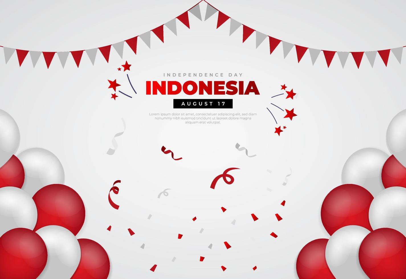 design del giorno dell'indipendenza dell'indonesia con palloncino, nastro, stella e bandiera. sfondo moderno del giorno dell'indipendenza vettore