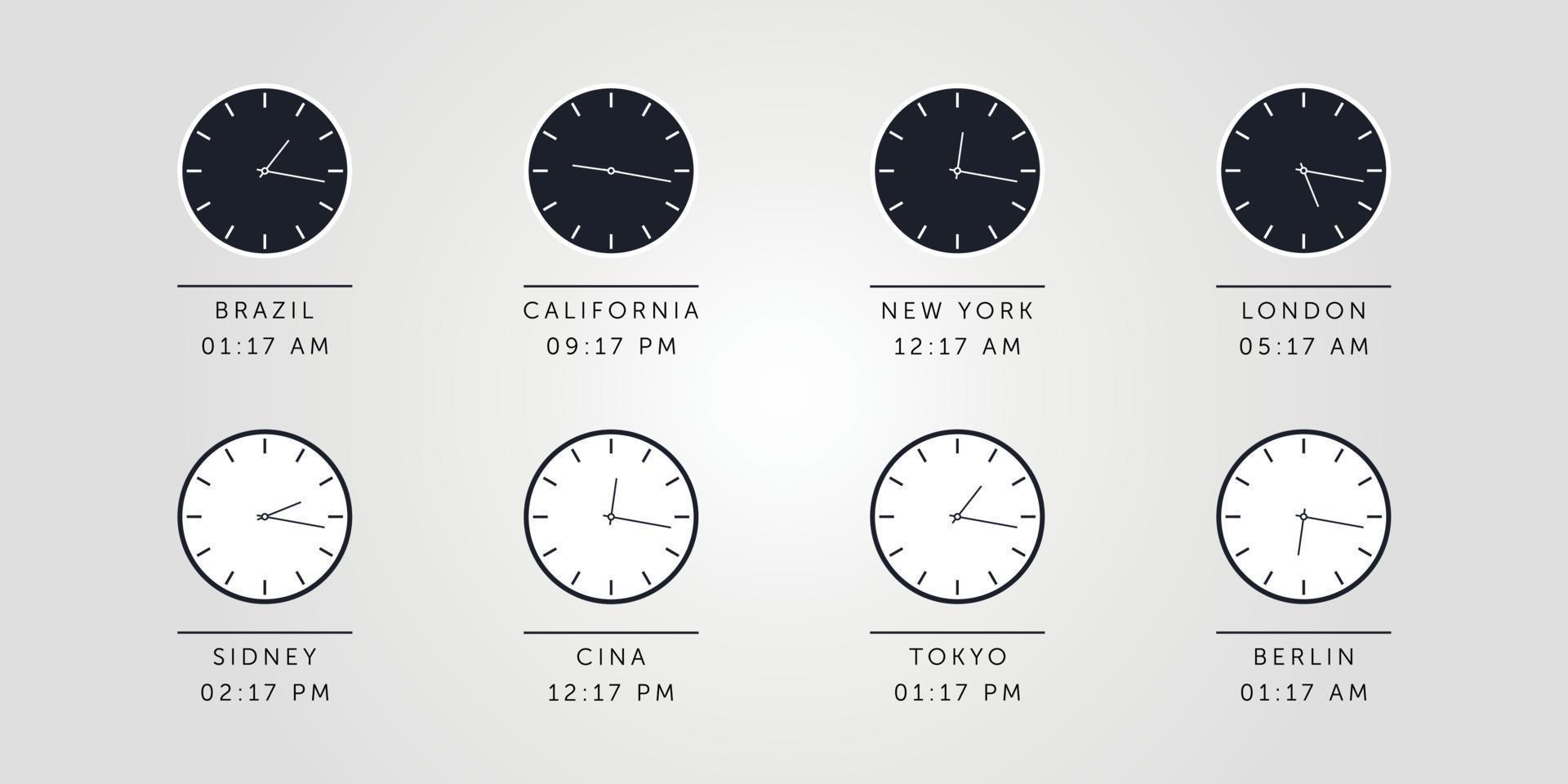 set di orologio diurno e notturno per fusi orari diverse città. illustrazione vettoriale