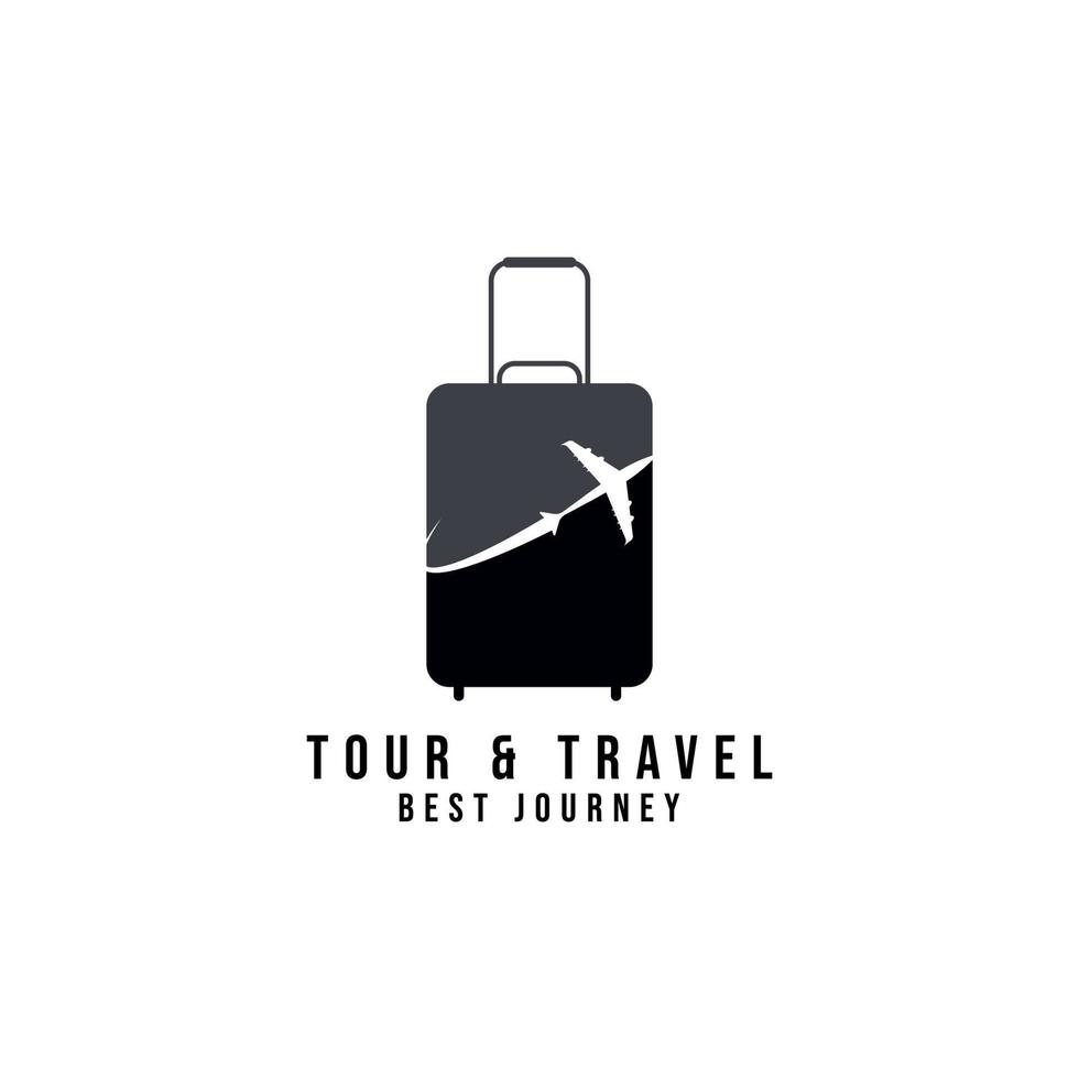 logo di viaggio, vacanze, turismo, design del logo aziendale di viaggi d'affari. vettore di borsa con aeroplano