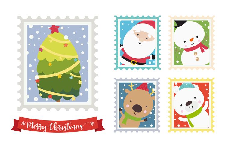 Telaio 001 di francobollo di Natale orso pupazzo di neve e renna del fumetto vettore