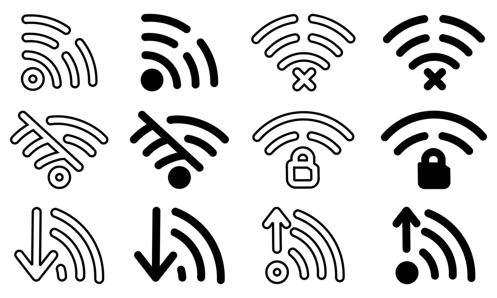 Wi-Fi set di icone onde radio piatto e wireless, set di diverse icone wireless e wifi per il design vettore