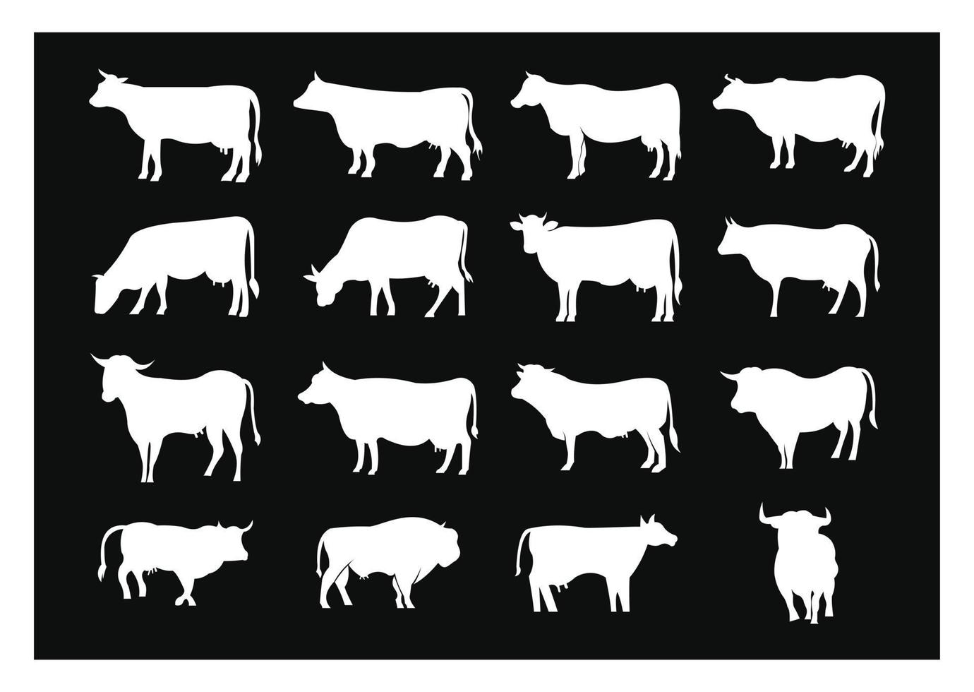 mucca al pascolo sul prato, silhouette di mucca nel campo che mangia erba. icona o logo di mucca vettoriale per negozio di fattoria o mercato. latte, latticini, insieme di elementi di design di prodotti agricoli.