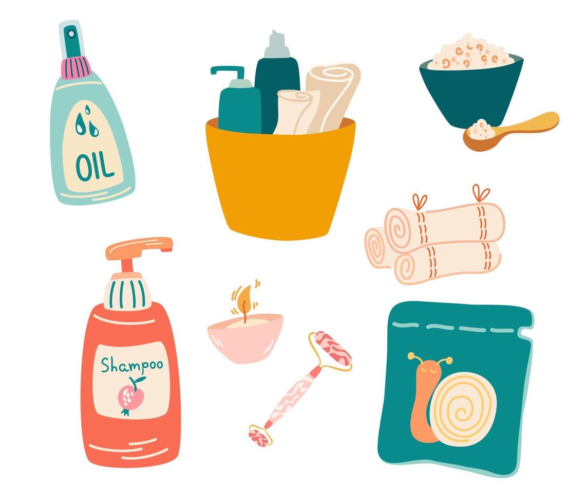 prodotti cosmetici per la cura della pelle. shampoo, olio per il corpo, maschera viso, sale marino, asciugamano, guazzo. routine quotidiana di cura della pelle e concetto di igiene. bottiglie e tubi. bagno cosmetici.illustrazione del fumetto di vettore. vettore