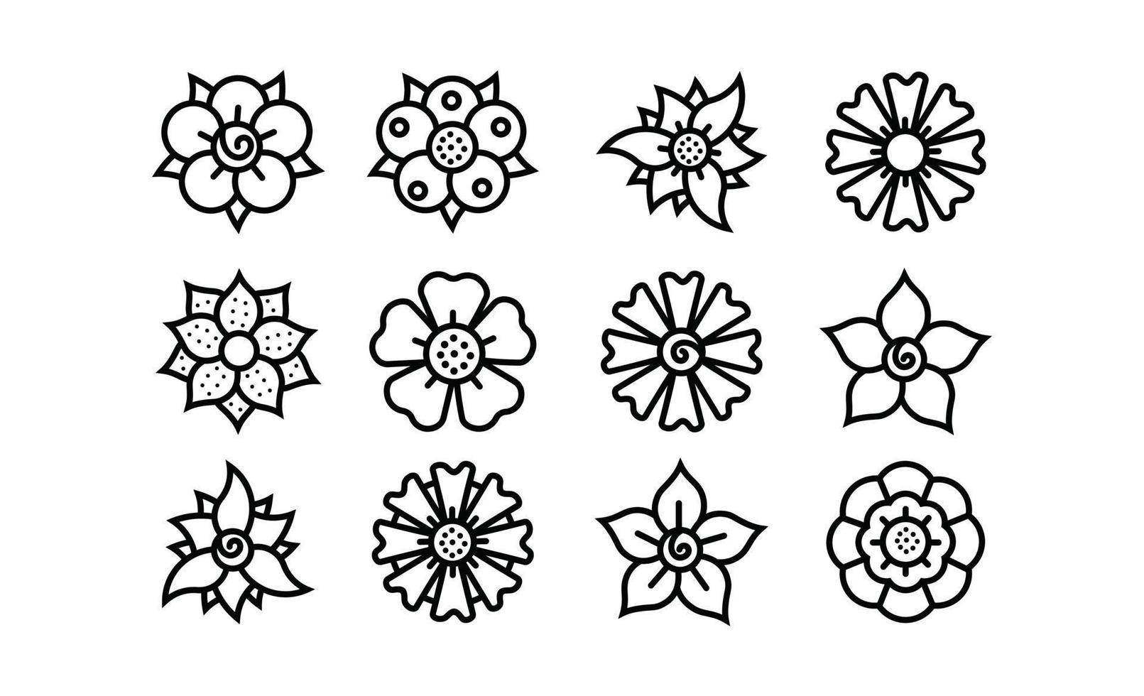 set di icone di elementi floreali, collezione di contorni neri di fiori vettoriali, fiori d'arte di linea per il design vettore