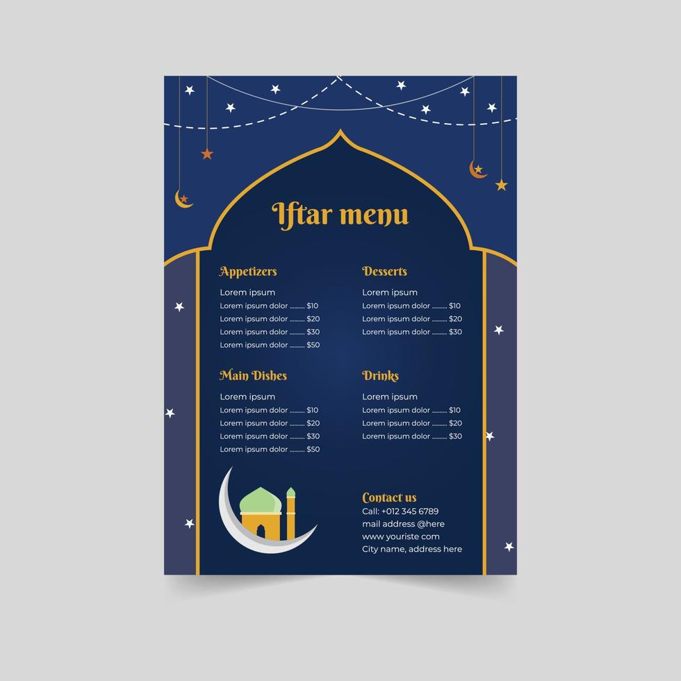 menu iftar del ristorante arabo. biglietto di auguri islamico del ramadan. design volantino festa iftar vettore
