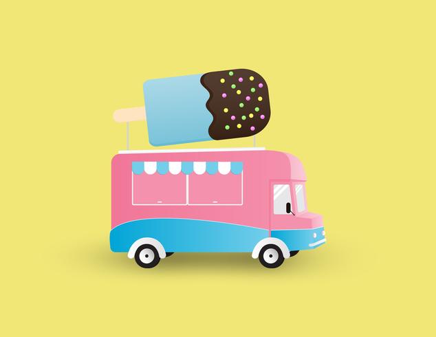 Camion del gelato isolato su priorità bassa gialla. Illustrazione vettoriale creativo.