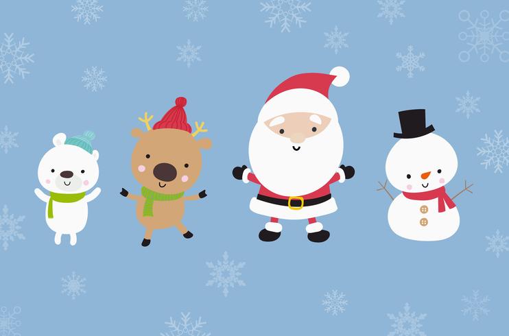 Simpatico pupazzo di neve Babbo Natale e animali cartoon felicità nella neve 002 vettore