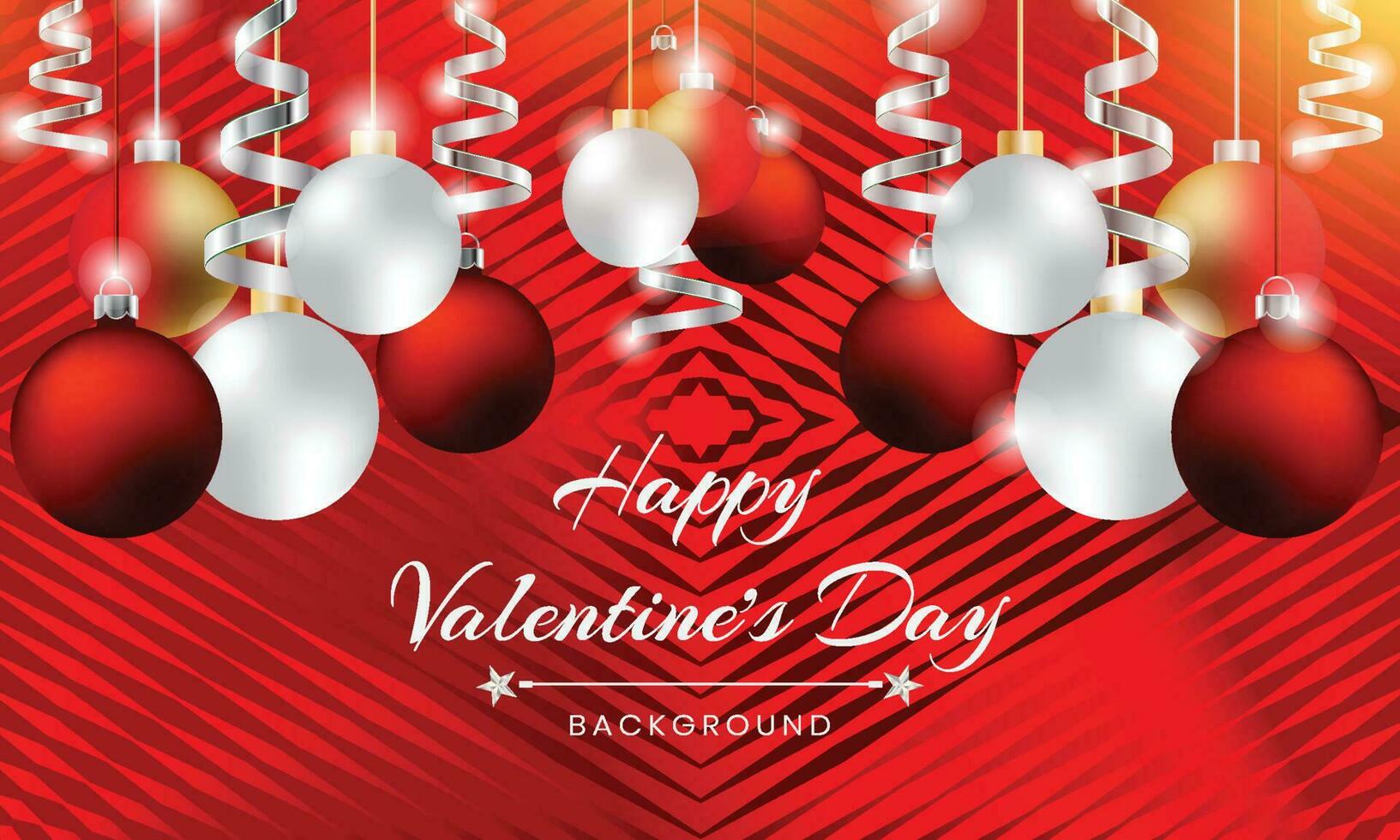 sfondo rosso di san valentino con palline appese, modello di disegno vettoriale nastri d'argento