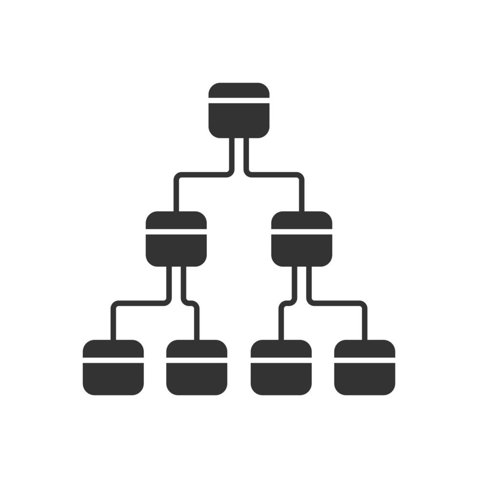 icona del glifo del diagramma ad albero. sistema gerarchico. diagramma di collegamento del nodo. rappresentazione visiva di processi e relazioni. struttura ad albero. simbolo della sagoma. spazio negativo. illustrazione vettoriale isolato