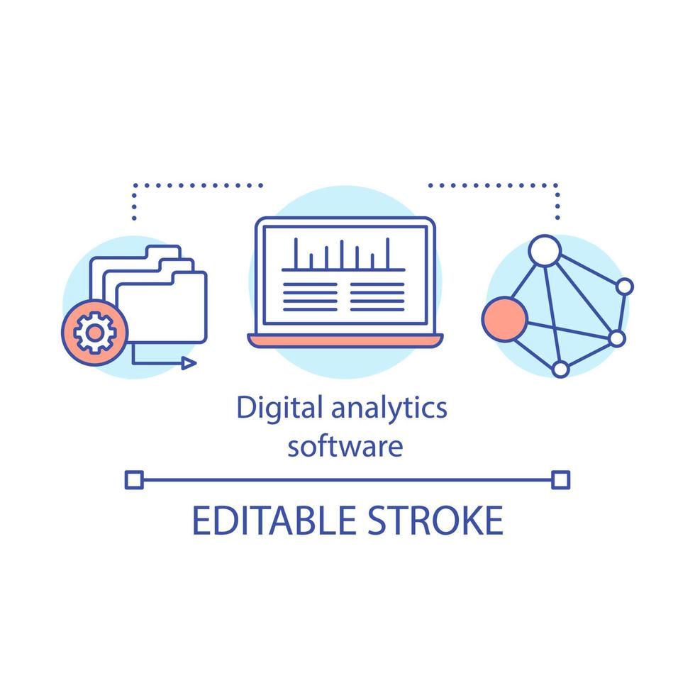 icona del concetto di software di analisi digitale. illustrazione della linea sottile dell'idea della strategia di marketing digitale. traffico del sito Web, dati aziendali. disegno di contorno isolato vettoriale. tratto modificabile vettore