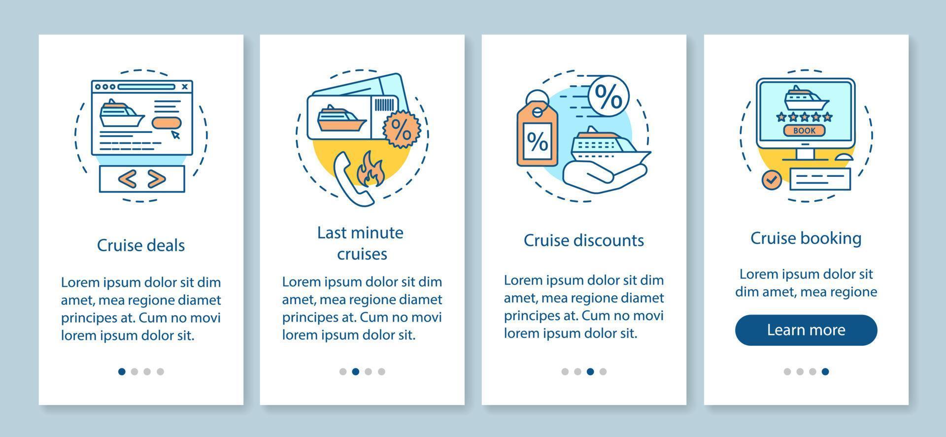 offerte di crociera onboarding schermata della pagina dell'app mobile, concetti lineari. crociere last minute, sconti, offerte speciali. istruzioni dettagliate per l'agenzia di viaggi. ux, ui, modello vettoriale gui, illustrazioni