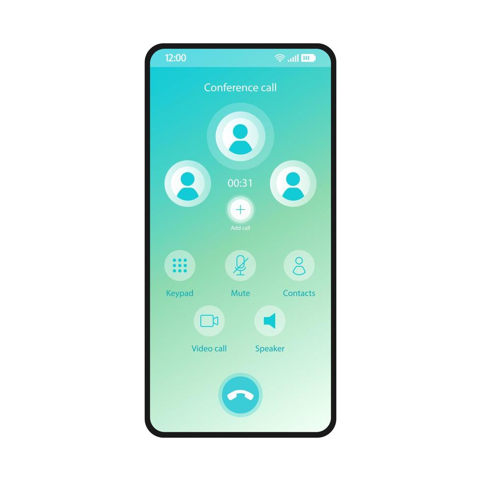 modello vettoriale dell'interfaccia dello smartphone per chiamate in conferenza. layout del design sfumato blu della pagina dell'app mobile. chiamata di gruppo, schermata di audioconferenza. interfaccia utente piatta per l'applicazione. muto, altoparlante, tastiera. display del telefono