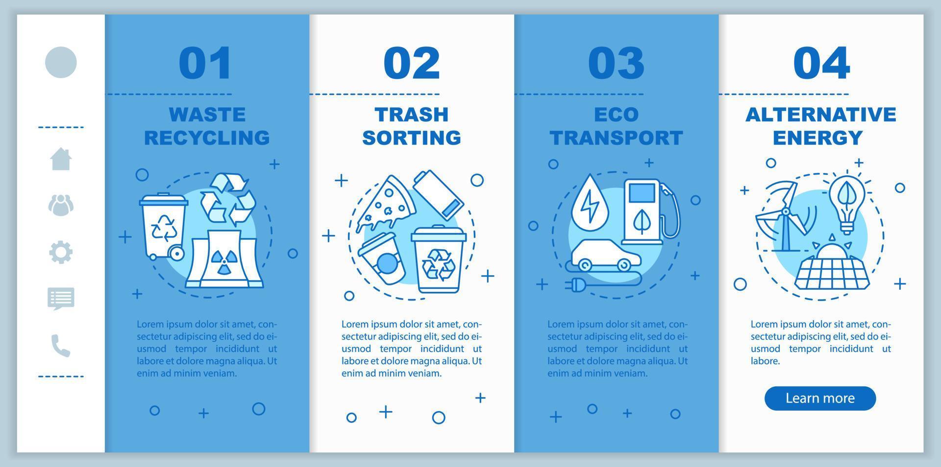 modello vettoriale di pagine Web mobili di onboarding per la protezione dell'ambiente. idea di interfaccia per smartphone reattiva con illustrazioni lineari. smistamento dei rifiuti, procedure dettagliate per il riciclaggio della pagina Web. concetto di colore