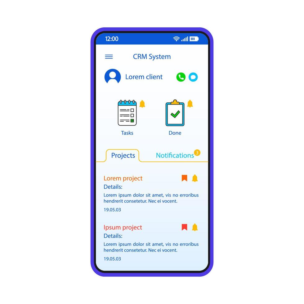 modello vettoriale dell'interfaccia dello smartphone del sistema crm. layout di design bianco della pagina dell'app mobile. progetto, schermata attività. interfaccia utente piatta per l'applicazione di organizzazione di piccole imprese. display del telefono di gestione interattiva