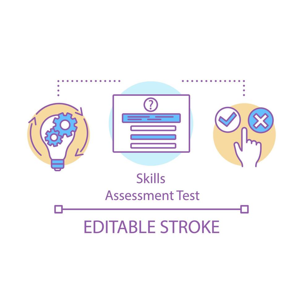 icona del concetto di test di autovalutazione. illustrazione della linea sottile dell'idea dell'esame sbagliato giusto. persona che esamina il disegno di contorno isolato di vettore. test iq, esame, verifica delle conoscenze. tratto modificabile vettore