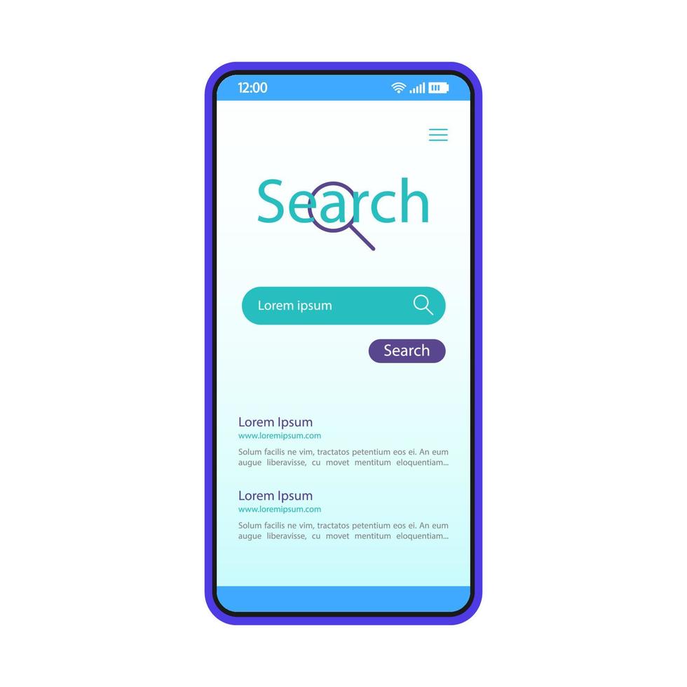 modello vettoriale dell'interfaccia del motore di ricerca per smartphone. layout di design blu della pagina dell'app mobile. schermata del browser web. interfaccia utente piatta per l'applicazione. www. display del telefono con barra di ricerca
