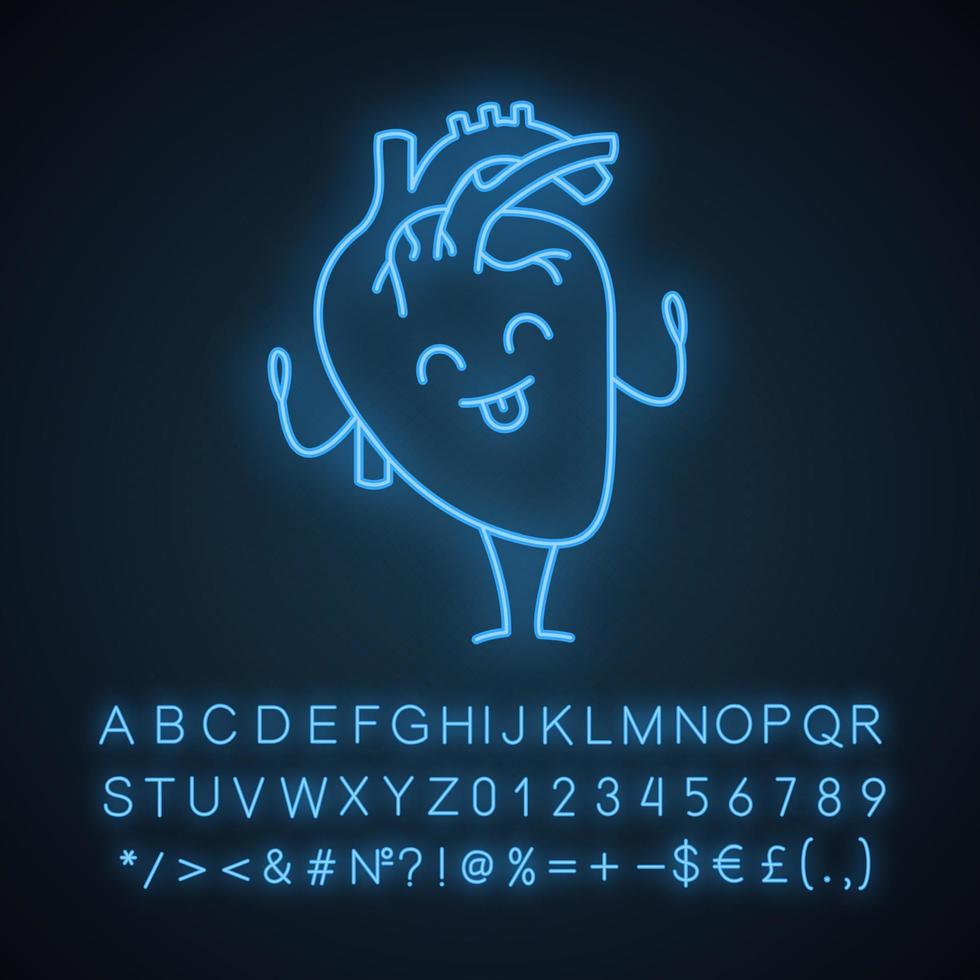felice cuore umano emoji icona della luce al neon. salute del sistema cardiovascolare. organo interno sano. segno luminoso con alfabeto, numeri e simboli. illustrazione vettoriale isolato